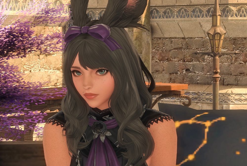 An up close picture of my WoL Viera, sitting outside of her home. 
Clock the low poly stargazer pillows 