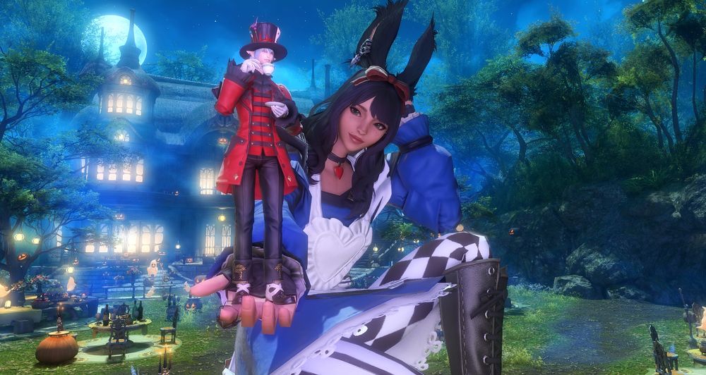 My oversized WoL/Viera holds Haurchefant in her open palm as he drinks tea. He is dressed as the Mad Hatter and she is dressed as Alice. The full moon is in view by a spooky mansion in the background. 
