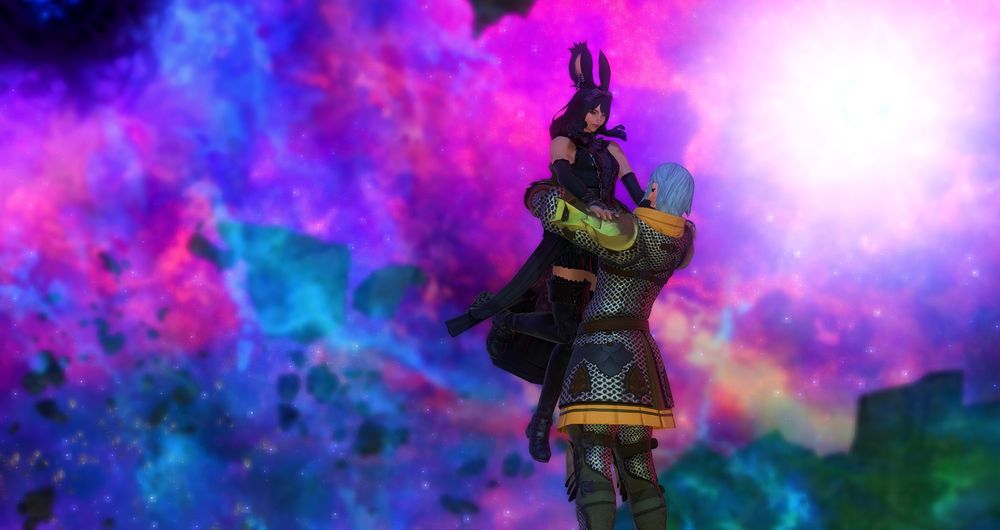 Haurchefant holding my WoL in Ultima Thule. The background is a swirl of colors and stars. My WoL is smiling.