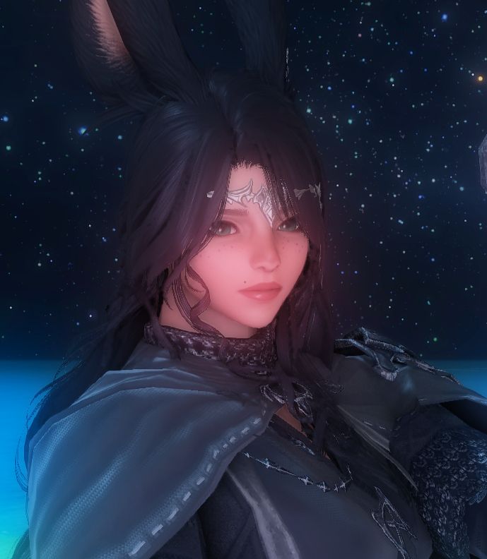 a viera with long black hair is looking down with a somber expression. she has chainmail on and a metal circlet around her forehead. the background is a sea of stars on a dark cloudless night