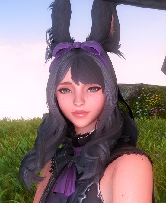 a raven-haired viera smiles fondly at the person in front of her, who is out of view. she is wearing a purple bow, an earring on her left ear, and the edenmorn casting dress