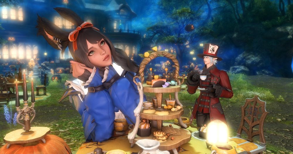 There is a table full of snacks and Halloween decorations. A oversized viera cosplaying as Alice is leaning against her hands with a bored expression. Haurchefant dressed as the Mad Hatter grins at her while drinking tea. 
