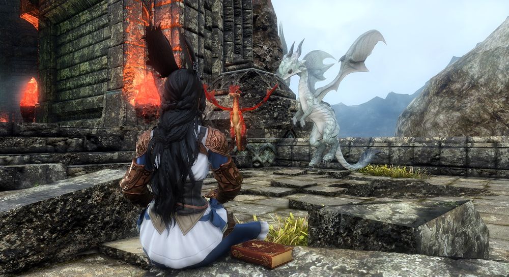 A dark-haired viera sits on a stone bench with a book next to her. In front of her are some dragonets, a red one and a larger white one. 