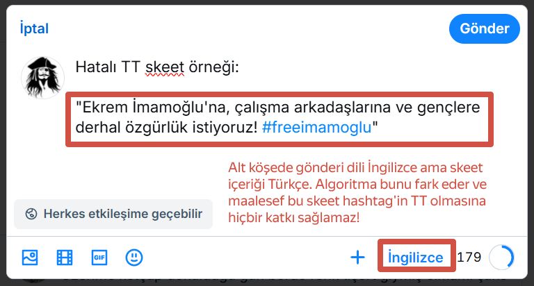 Gönderi dili İngilizce seçildiği halde Türkçe metinle yapılan paylaşımlar, algoritmanın dili algılama özelliği nedeniyle İngilizce kabul edilmeyecek ve maalesef ilgili hashtag'in TT olması için hiçbir fayda sağlamayacaktır.