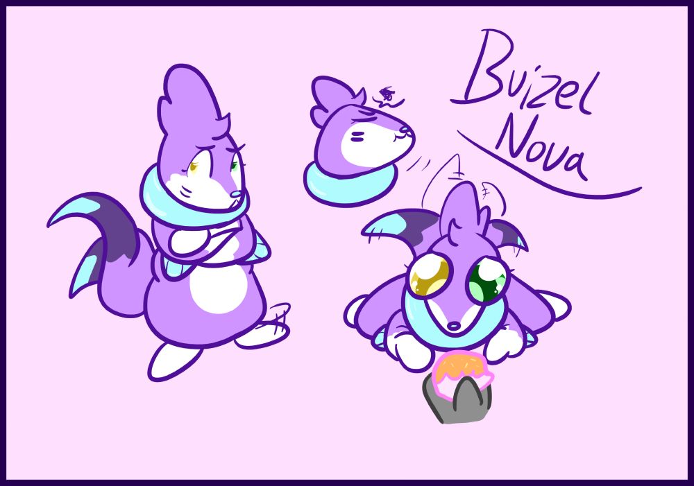 A Buizel-fied version of Nova.  She is tapping her foot impatiently, tossing her head in mock aggravation, before flopping on her belly and having big eyes, tails wagging, after being offered a Poffin.