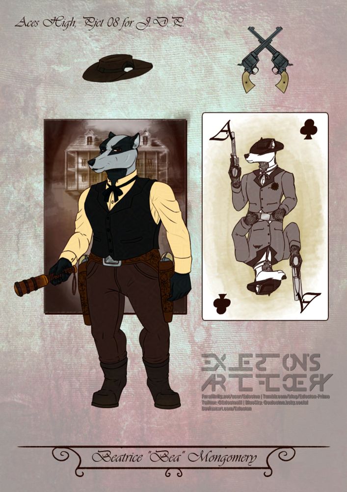 A reference sheet for a character, it depicts a female badger facing the viewer dressed in men's clothing and holding a banded club that looks as cruel as her smile is deceiving. Behind her is a view of a plantation home, referencing her Georgian upbringing. Beatrice shares her Aces card with her twin brother, which is why the card, the Ace of Clubs, while is shows two figures, aren't the same person mirrored but with Bea on top and Beau on the bottom.