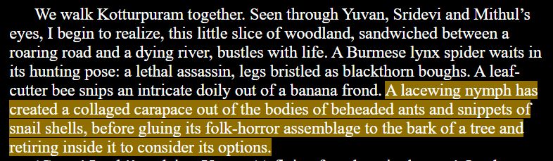 A paragraph from Robert Macfarlane's "Is a River Alive?". It reads: 

"We walk Kotturpuram together. Seen through Yuvan, Sridevi and Mithul’s eyes, I begin to realize, this little slice of woodland, sandwiched between a roaring road and a dying river, bustles with life. A Burmese lynx spider waits in its hunting pose: a lethal assassin, legs bristled as blackthorn boughs. A leaf-cutter bee snips an intricate doily out of a banana frond. A lacewing nymph has created a collaged carapace out of the bodies of beheaded ants and snippets of snail shells, before gluing its folk-horror assemblage to the bark of a tree and retiring inside it to consider its options." 