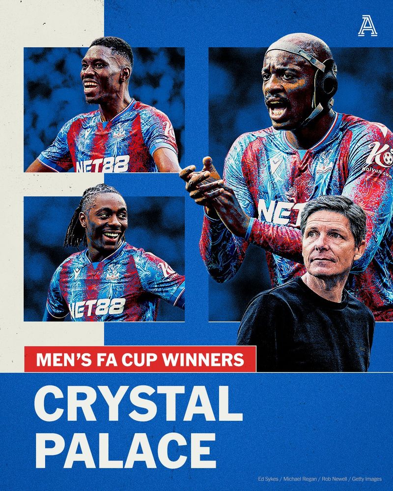 Men's FA Cup winners - Crystal Palace. 

Images of Ismaila Sarr, Jean-Philippe Mateta, Eberechi Eze, and Oliver Glasner.