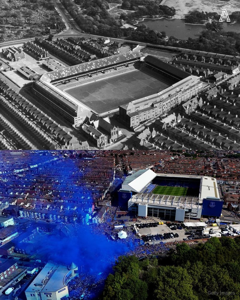 Goodison Park, the home ground of Everton F.C. in Liverpool, circa 1965; LIVERPOOL, ENGLAND - MAY 18: An aerial view of the Everton team bus arriving at Goodison Park before the Premier League match between Everton FC and Southampton FC at Goodison Park on May 18, 2025 in Liverpool, England.