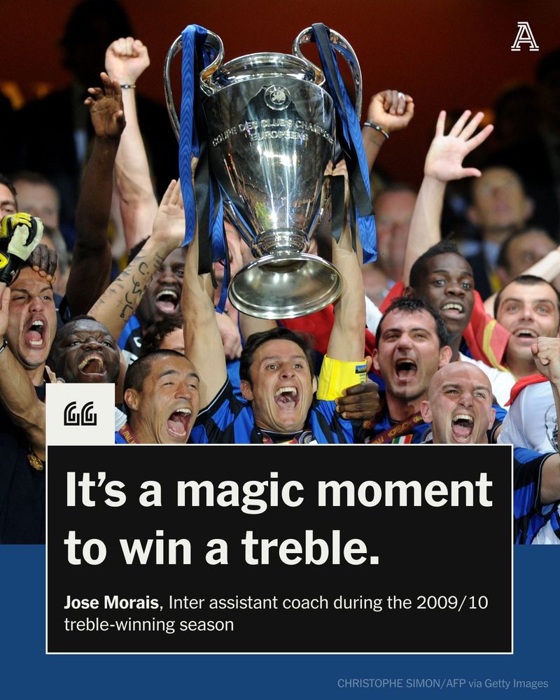 Inter Milan players celebrate with the trophy after winning the UEFA Champions League final football match Inter Milan against Bayern Munich at the Santiago Bernabeu stadium in Madrid on May 22, 2010. Inter Milan won the Champions League with a 2-0 victory over Bayern Munich in the final at the Santiago Bernabeu. Argentine striker Diego Milito scored both goals for Jose Mourinho's team who completed a treble of trophies this season.