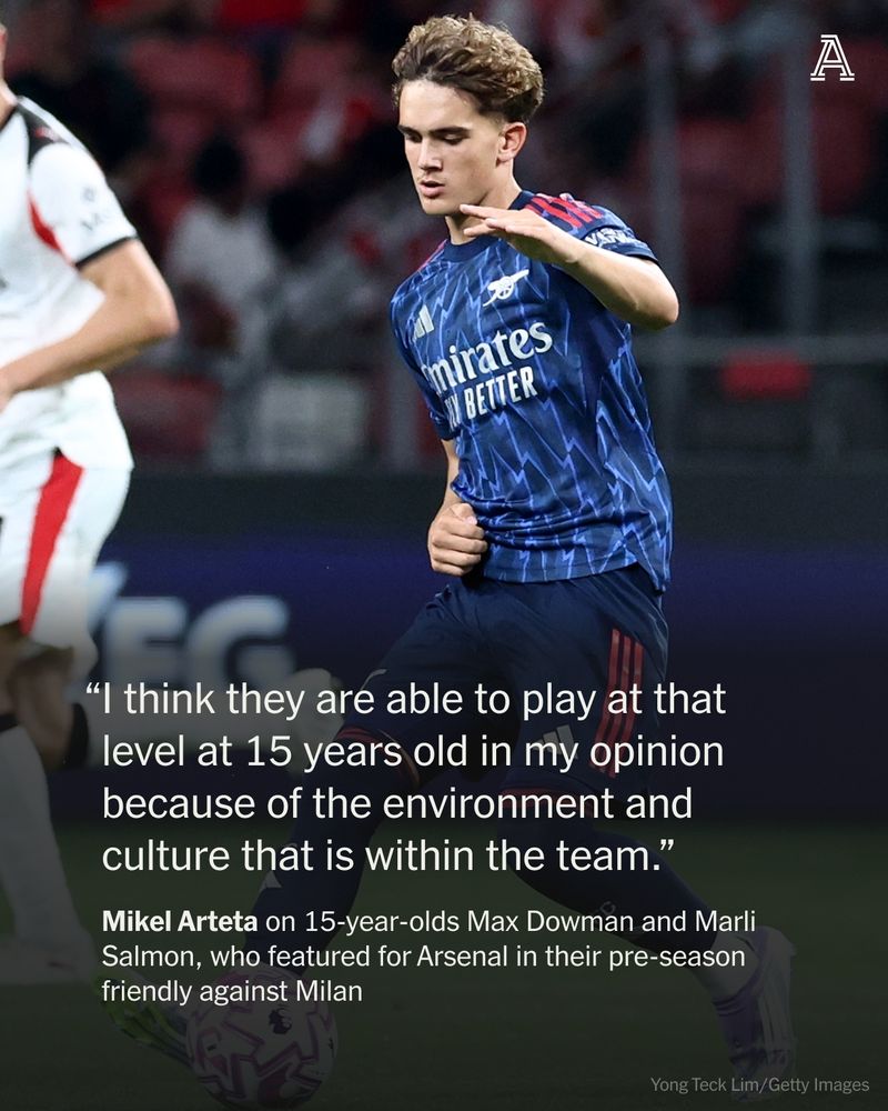 Max Dowman of Arsenal is challenged by Christian Comotto of AC Milan during the Pre-Season Friendly match between Arsenal FC and AC Milan at National Stadium on July 23, 2025 in Singapore.
