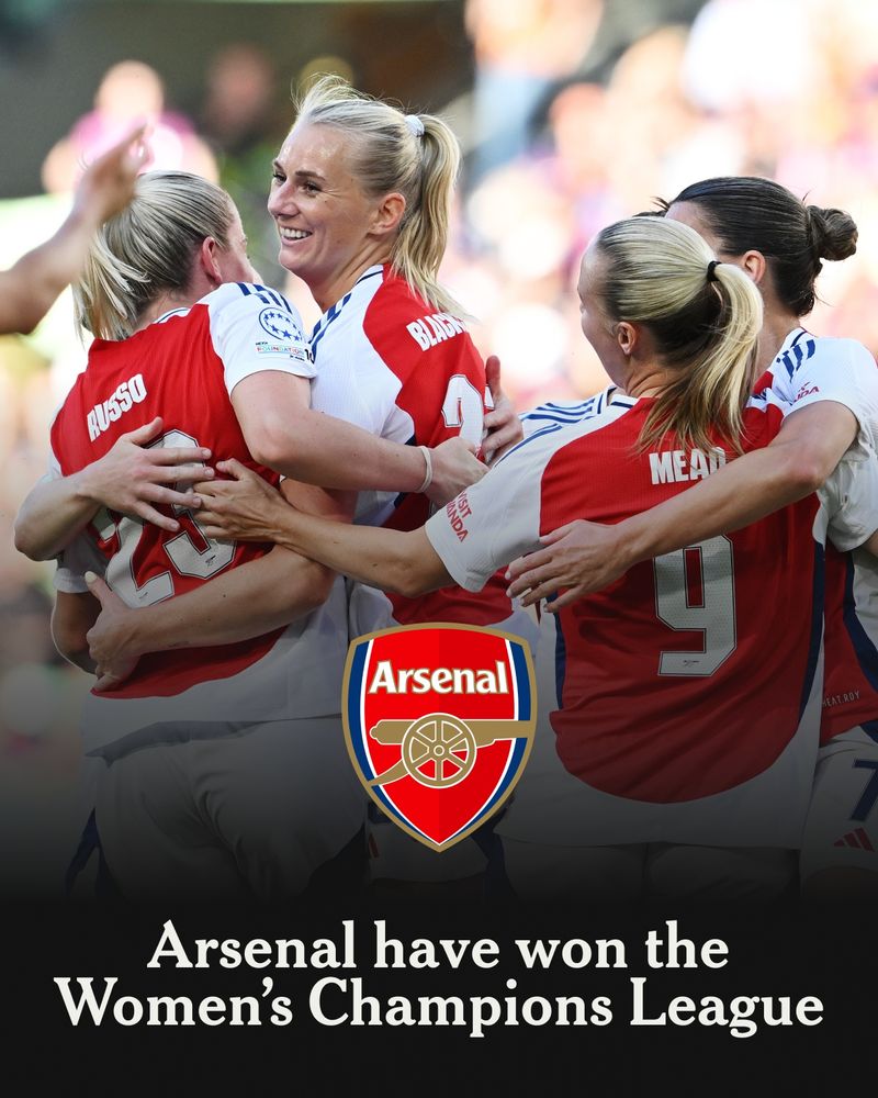 LISBON, PORTUGAL - MAY 24: Stina Blackstenius of Arsenal celebrates scoring her team's first goal with teammate Alessia Russo during the UEFA Women's Champions League final match between Arsenal WFC and FC Barcelona at Estadio Jose Alvalade on May 24, 2025 in Lisbon, Portugal.