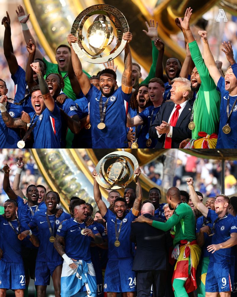 EAST RUTHERFORD, NEW JERSEY - JULY 13: Reece James #24 of Chelsea FC lifts the FIFA Club World Cup trophy after their team's victory following the FIFA Club World Cup 2025 Final match between Chelsea FC and Paris Saint-Germain at MetLife Stadium on July 13, 2025 in East Rutherford, New Jersey; Chelsea's English defender #24 Reece James lifts the trophy with teammates during the award ceremony for the FIFA Club World Cup 2025 Champions, following the final football match between England's Chelsea and France's Paris Saint-Germain at the MetLife Stadium in East Rutherford, New Jersey on July 13, 2025.