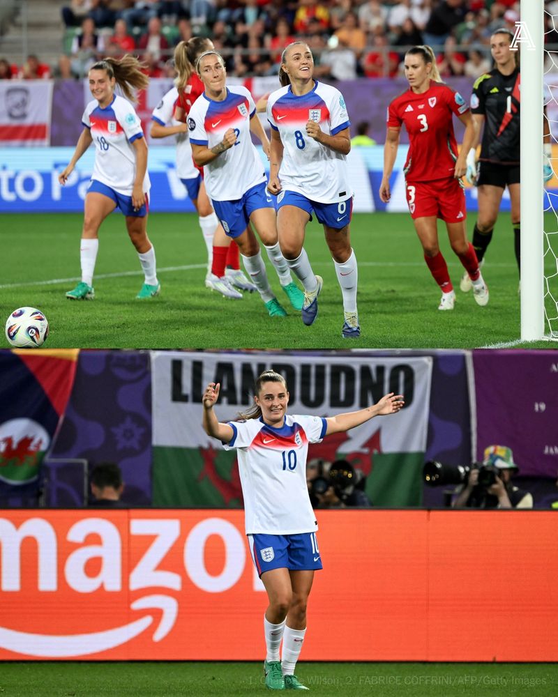 Top photo: Georgia Stanway of England celebrates scoring her team's first goal from the penalty-spot during the UEFA Women's EURO 2025 Group D match between England and Wales

Bottom photo: England's midfielder #10 Ella Toone celebrate after scoring the second goal of the match during the UEFA Women's Euro 2025 Group D football match between England and Wales