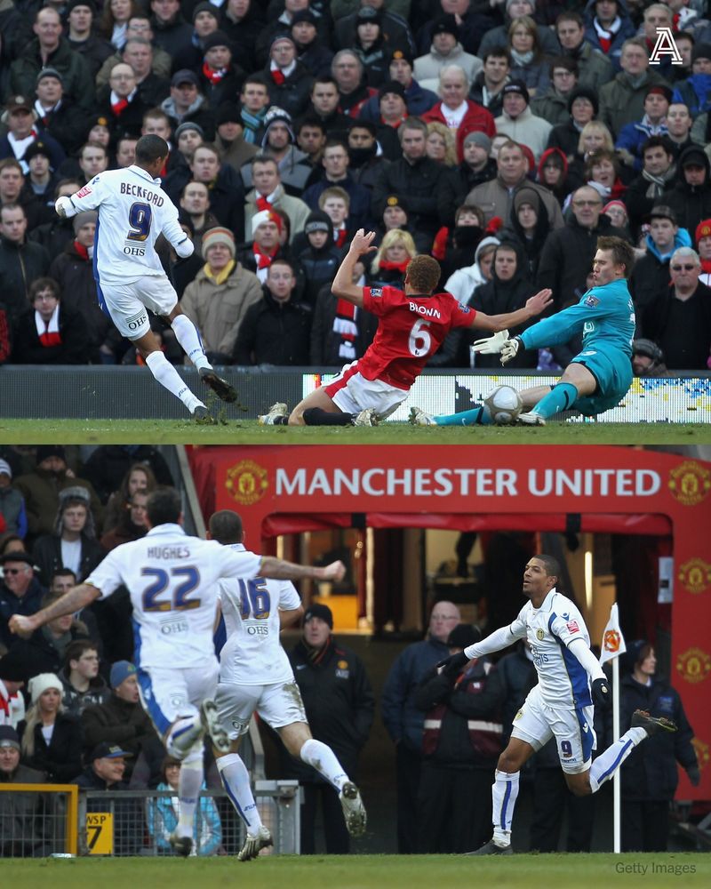 Jermaine Beckford scores, and celebrates, against Manchester United in the FA Cup in 2010