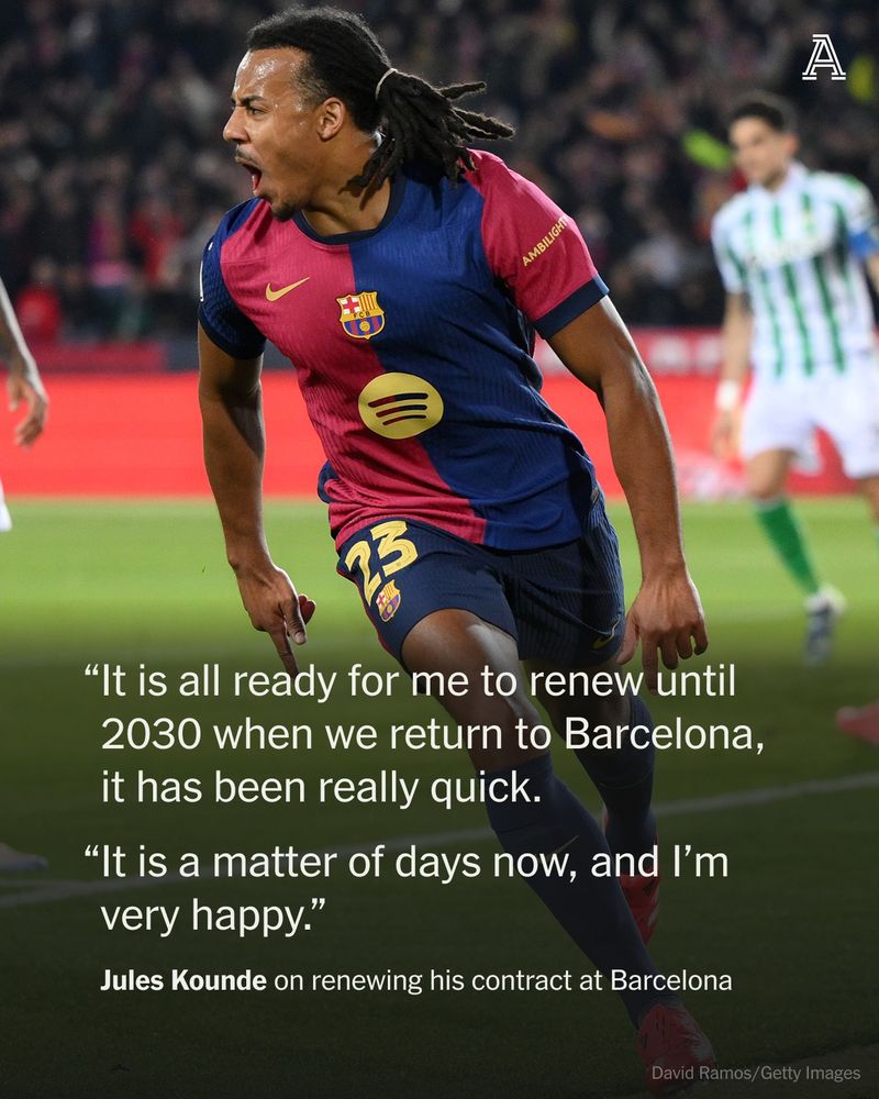 Jules Kounde of FC Barcelona celebrates scoring his team's second goal during the Copa del Rey Round of 16 match between FC Barcelona and Real Betis at Estadi Olimpic Lluis Companys on January 15, 2025 in Barcelona, Spain