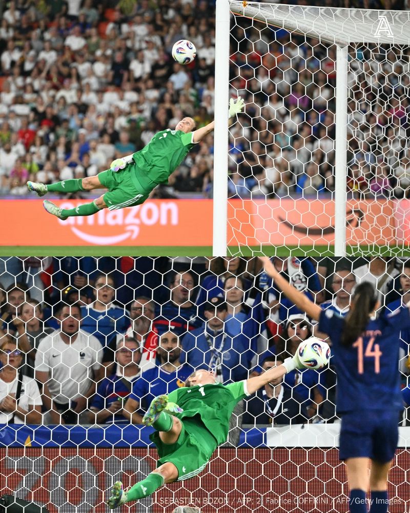 Germany's goalkeeper #01 Ann-Katrin Berger dives to stop the ball during the UEFA Women's Euro 2025 quarter finals football match between France and Germany at the Parc Saint-Jacques