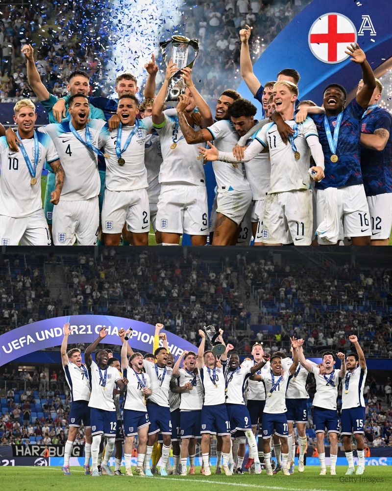England's players celebrate with the trophy after winning the UEFA European Under-21 Championship final football match between England vs Spain at Batumi Arena in Batumi on July 8, 2023; BRATISLAVA, SLOVAKIA - JUNE 28: James McAtee of England lifts the UEFA European Under-21 Championship trophy after his team's victory in the UEFA European Under-21 Championship 2025 Final match between England and Germany at National Football stadium on June 28, 2025 in Bratislava, Slovakia.