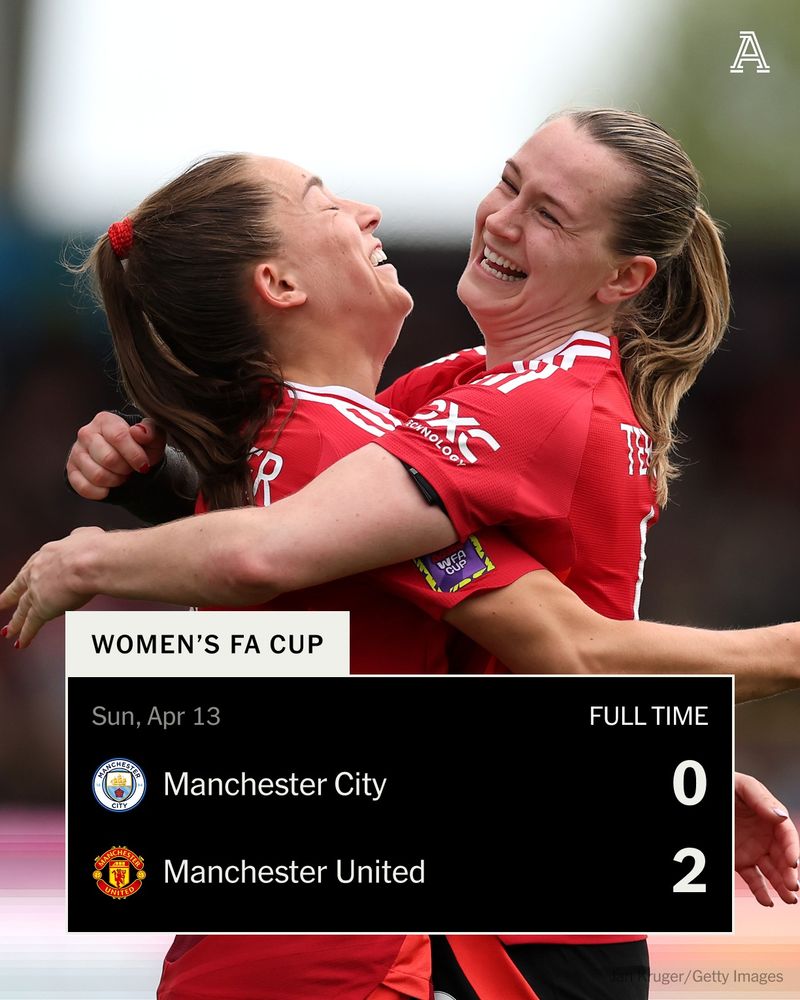 MANCHESTER, ENGLAND - APRIL 13: Maya Le Tissier and Elisabeth Terland of Manchester United celebrate following the team's victory during The Adobe Women's FA Cup Semi Final match between Manchester City and Manchester United at Joie Stadium on April 13, 2025 in Manchester, England.