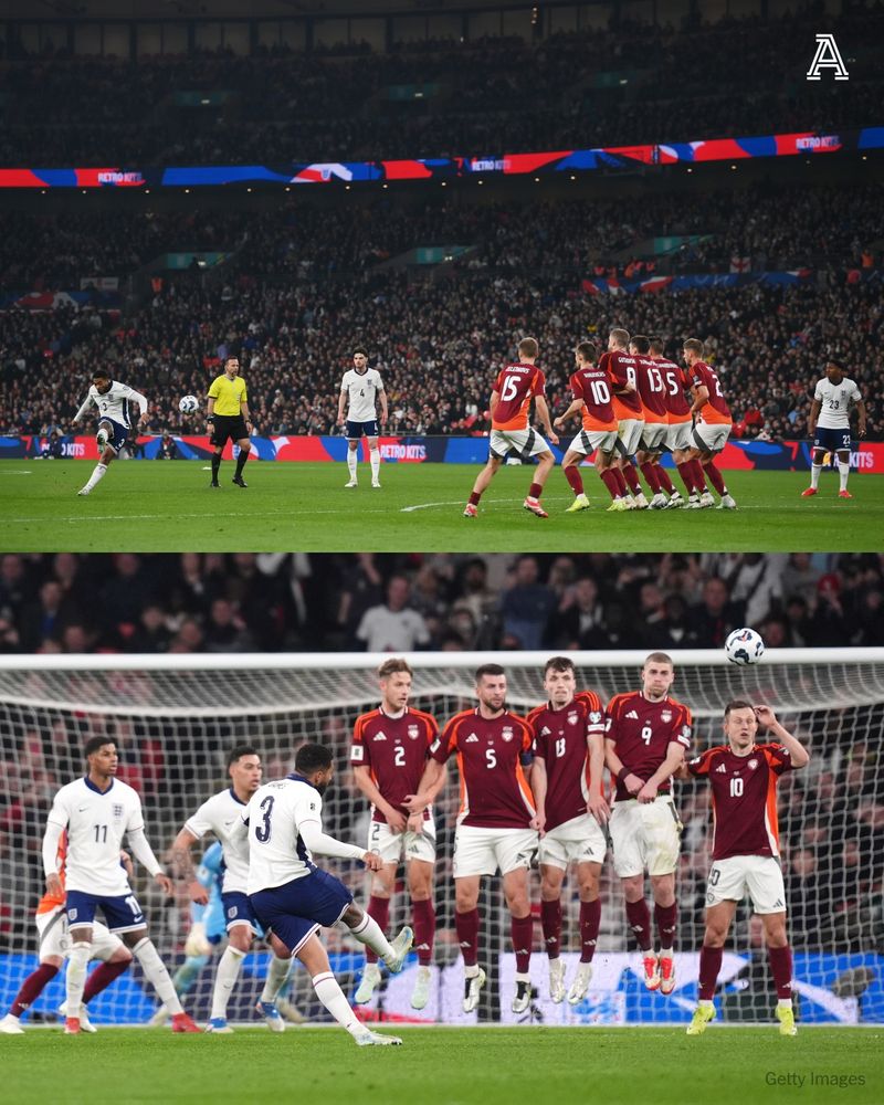 LONDON, ENGLAND - MARCH 24: Reece James of England scores his team's first goal from a freekick during the FIFA World Cup 2026 European Qualifier between England and Latvia at Wembley Stadium on March 24, 2025 in London, England; England's Reece James scores their side's first goal of the game from a free-kick during the 2026 FIFA World Cup Qualifying, Group K match at Wembley Stadium, London. Picture date: Monday March 24, 2025.