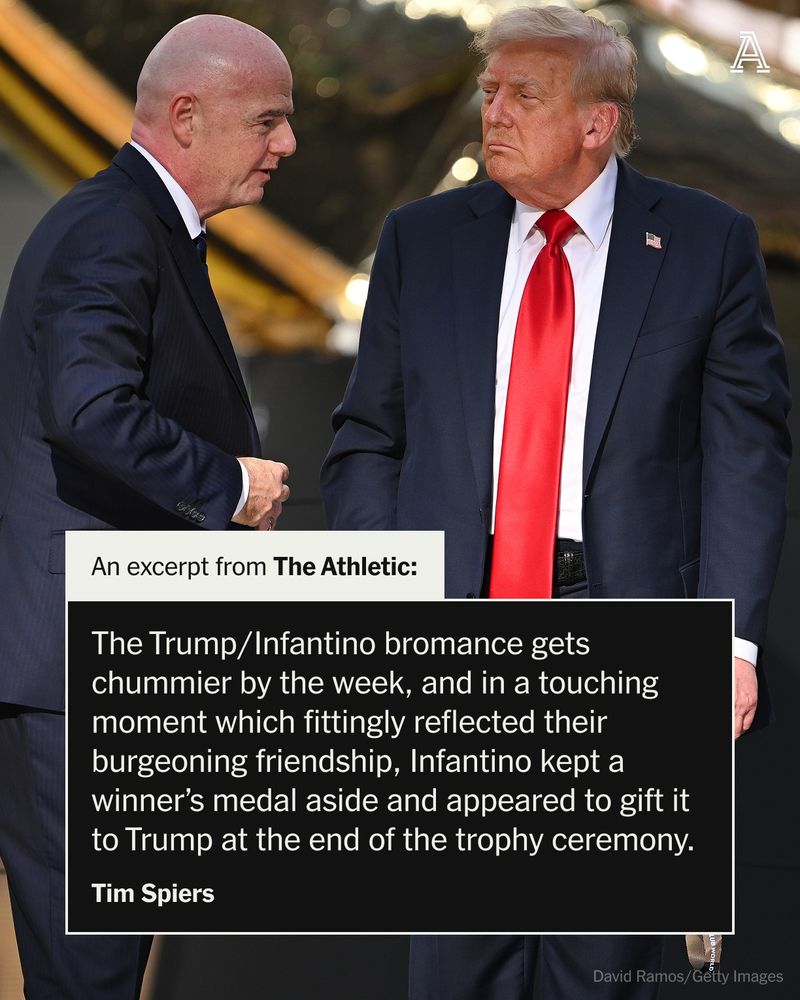 FIFA President Gianni Infantino interacts with U.S. President Donald Trump following the FIFA Club World Cup 2025 Final match between Chelsea FC and Paris Saint-Germain at MetLife Stadium on July 13, 2025 in East Rutherford, New Jersey. 