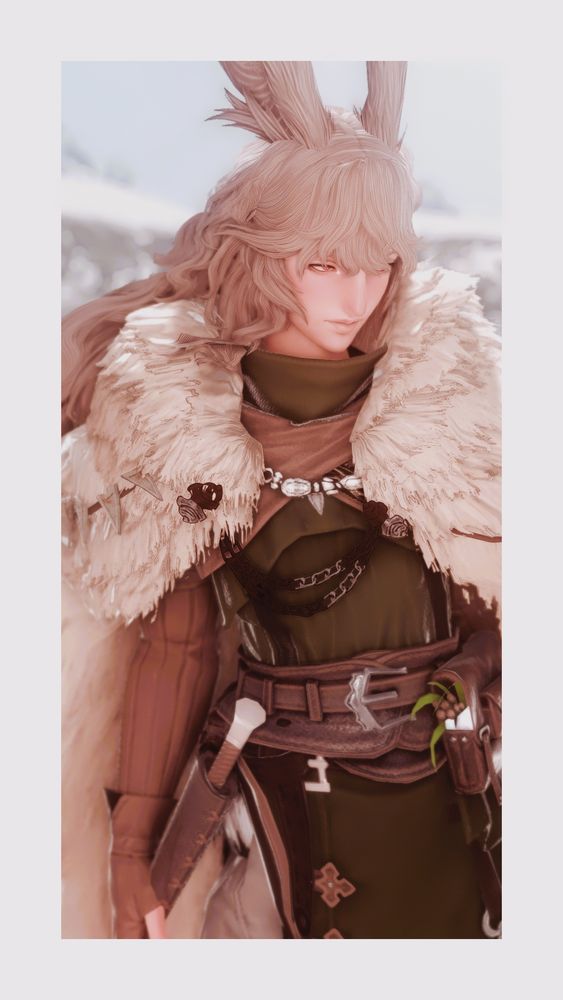 sjol standing with her head turned and slightly bowed, her expression neutral. she wears a large beige fur cloak, a dark green and brown belted tunic, long brown gloves, and a dagger sheathed on her hip. behind her is a sunny snowy landscape.