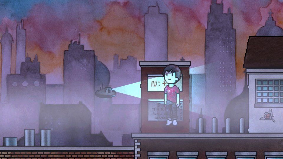 A character in watercolor pixel art stands on a rooftop at twilight, with city buildings silhouetted against a dark, moody sky. A hovering drone shines a spotlight on them trapping them mid-jump. Posters and graffiti adorn the nearby walls.