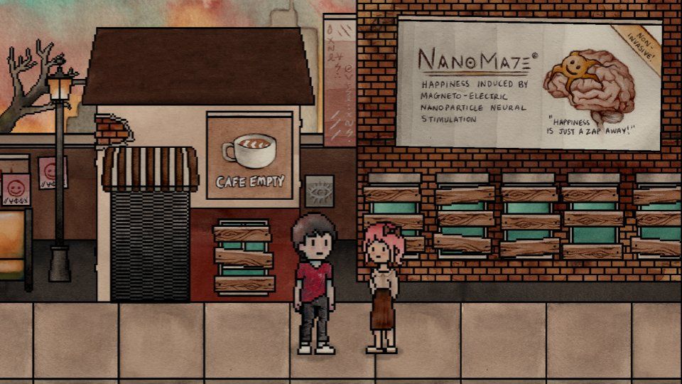A watercolor pixel art character in a red shirt standing on a street outside a café with "Cafe Empty" on the sign. A pink-haired character stands nearby. The street has a futuristic billboard advertising a neural stimulation product called "NanoMaze."
