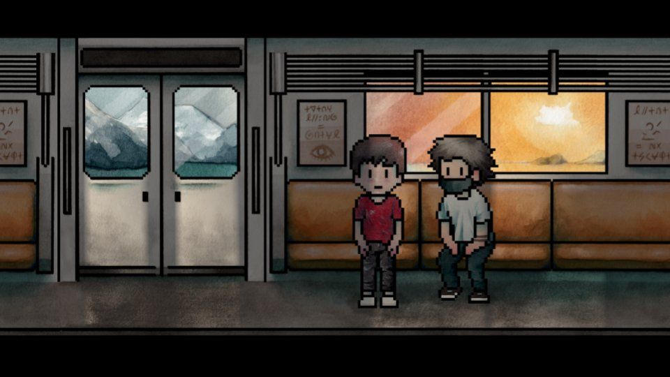 Two characters sit on a train in a watercolor pixel art style. The person in a red shirt faces forward, while the other, in light blue, looks to the side. The train windows reveal a scenic mountain and sunset view.
