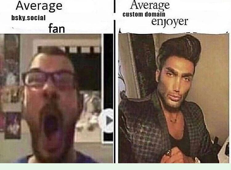 average bsky.social fan (super lame guy) vs average custom domain enjoyer (super cool guy)