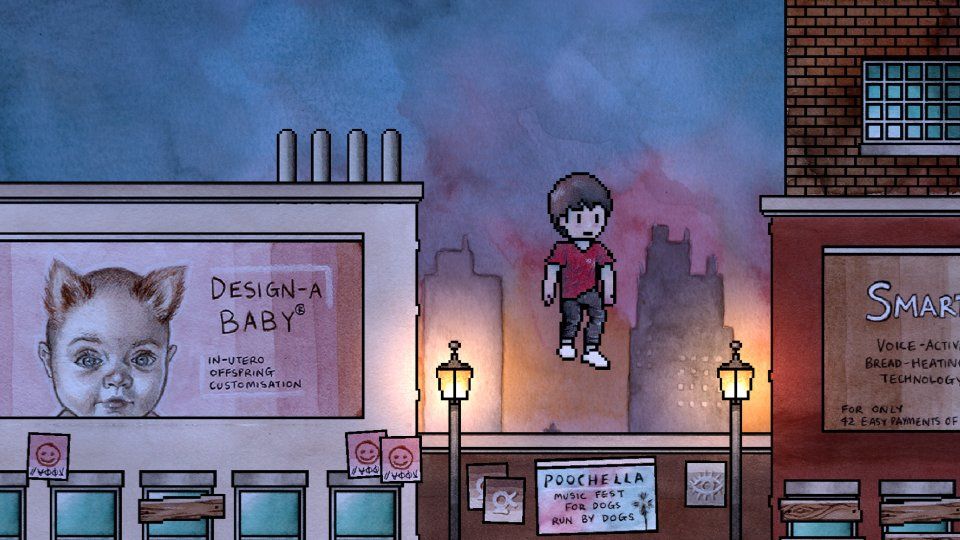 A watercolour pixel art character in a red shirt jumps across a skyline in front of a poster that is advertising 'Design-a-Baby' services.