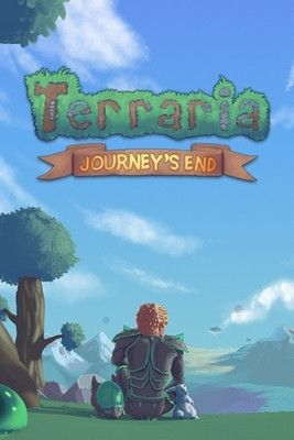 The banner for Terraria, Journey's End. It shows a man sitting on a cliff edge looking out upon the horizon. The man has metal armor and red hair