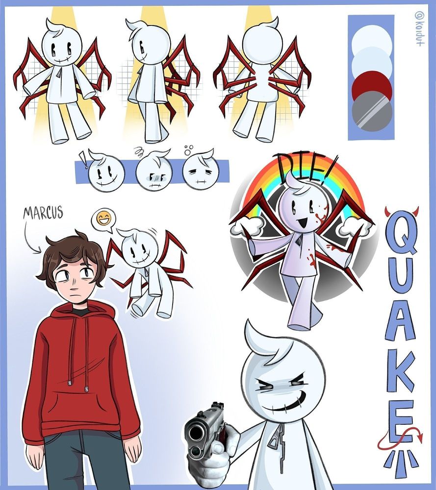 A reference sheet depicting a white Sackboy-like creature with six red Spider Legs coming from its back. 

This creature's name is "QUAKE" and is accompanied by a White male with brown hair and blue eyes, wearing a red hoodie and grey sweatpants. The Humanoid's name is Marcus