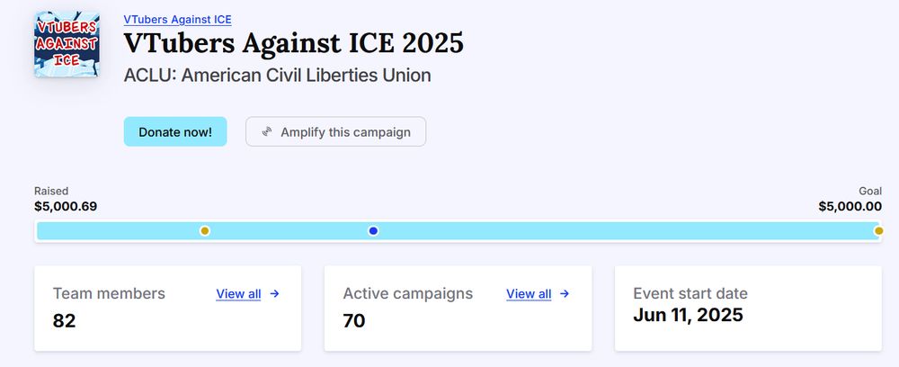 a screenshot of the vtubers against ice 2025 tiltify campaign, showing that we have already raised $5000.69 for the ACLU, have 82 team members, and 70 active campaigns.