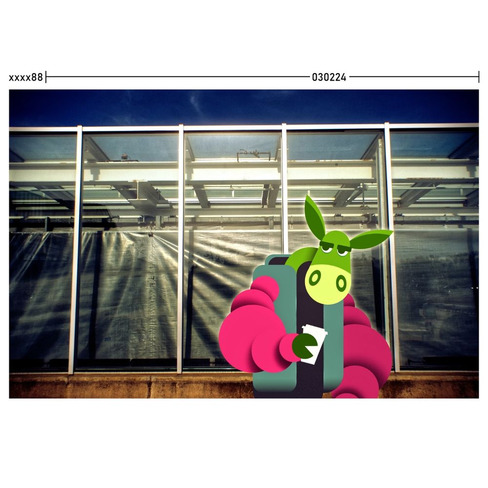 Drawing of a green donkey in a puff jacket against a photo and white frame with dates and a line.