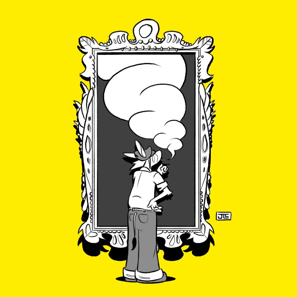 Yellow monotone drawing of a donkey standing infront of an empty painting frame, smoking. The smoke appears to drift through the other side.