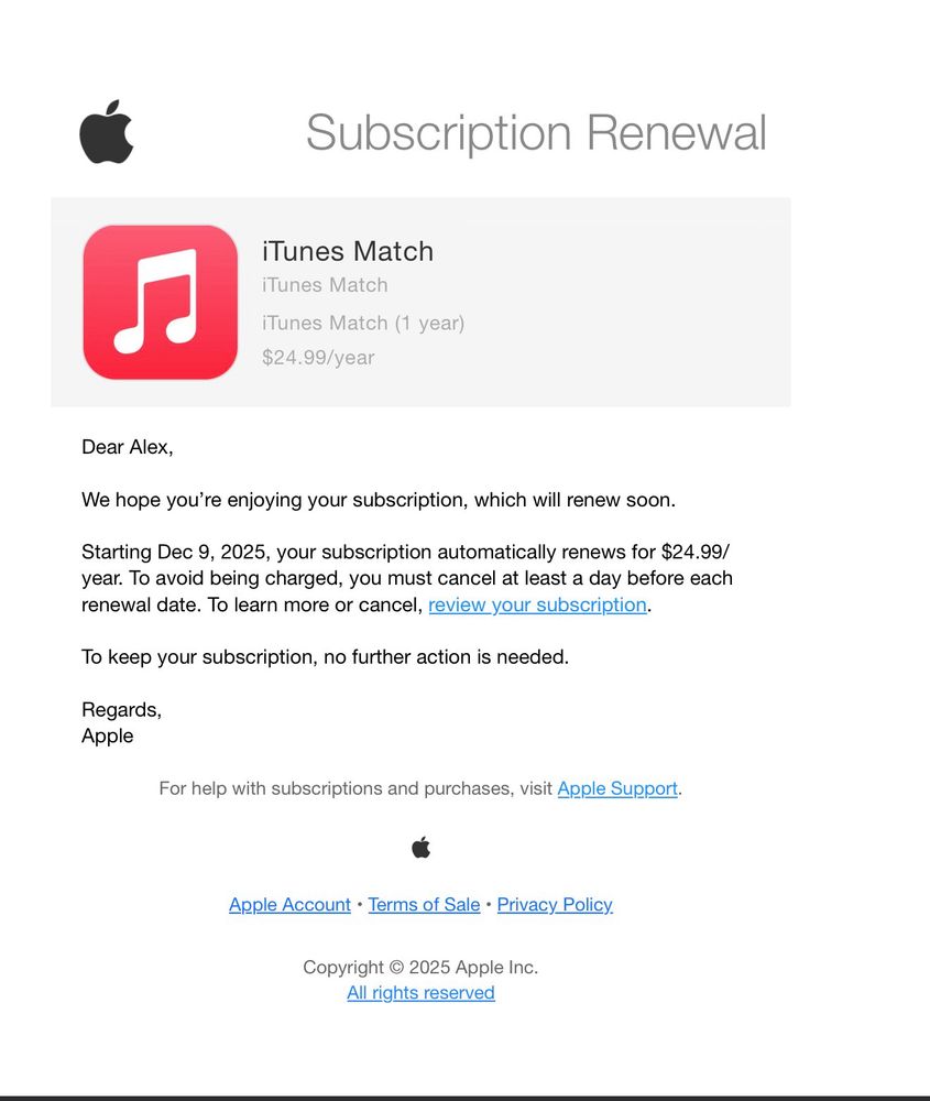 Email from apple telling me my iTunes Match will renew next month