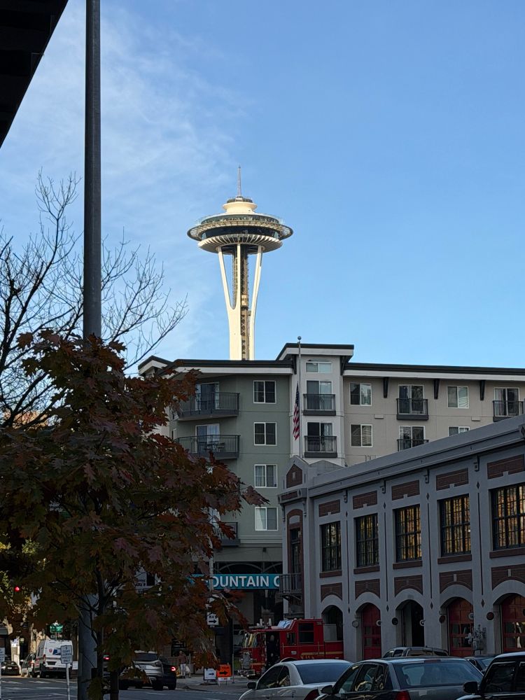 Space needle peeking over some buildings