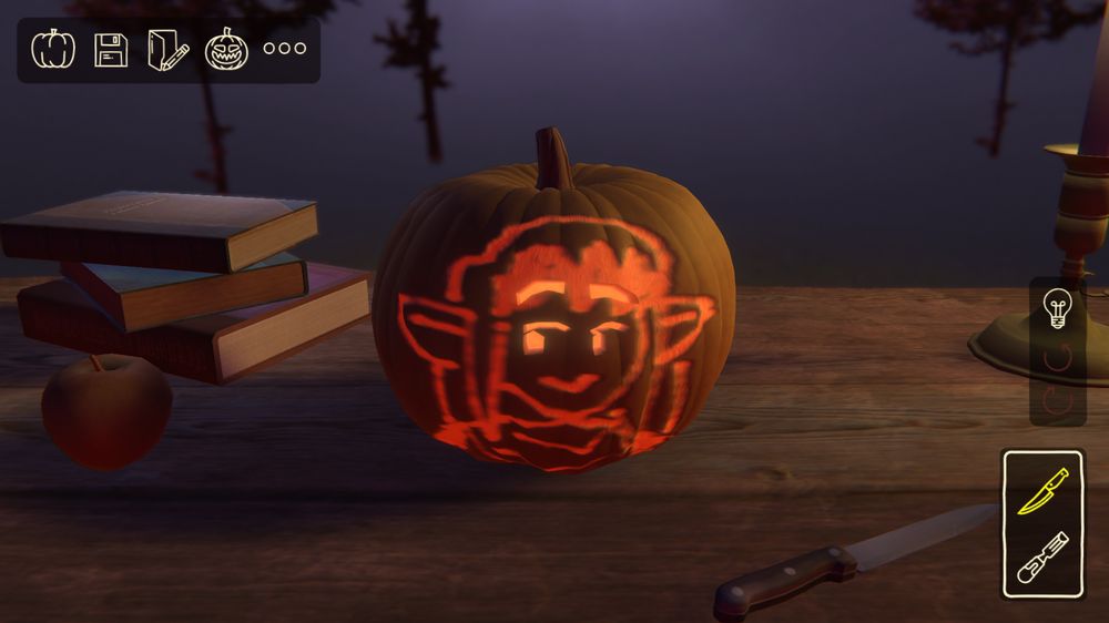 Screenshot of a pumpkin with Vae carved onto it, made in Ghost Town Pumpkin Festival