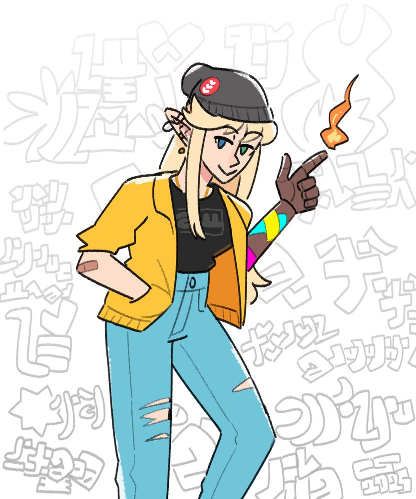 drawing of Caelle dressed in unusually-modern clothing, posing in front of a wall of graffiti written in Aesungaian. She's holding up her hand, and casually summoning a flame at her fingertip. Her prosthesis has been patched up with brightly-colored duct tape.