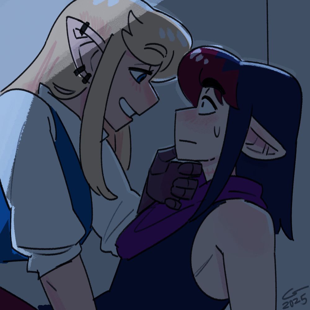 colored sketch of Vae and Caelle in some kind of small, moonlit, enclosed space. Vae is lying back against the wall, blushing, sweating, and staring at Caelle, who is on top of her on her hands and knees. Caelle holds Vae's chin in her hand, and smiles down at her so so warmly.