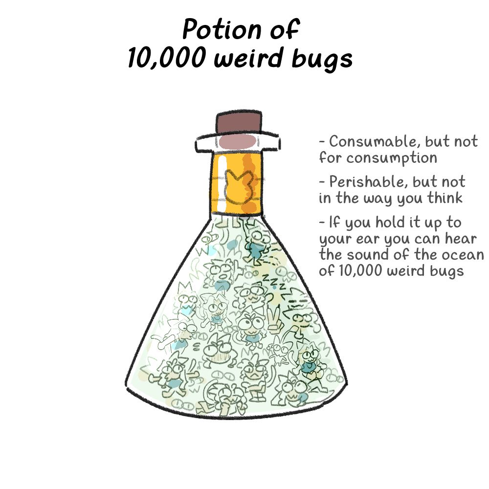 Drawing of a potion bottle filled with many many tiny Myrrhs. 'Potion of 10,000 weird bugs. Consumable, but not for consumption. Perishable, but not in the way you think. If you hold it up to your ear you can hear the sound of the ocean of 10,000 weird bugs.'