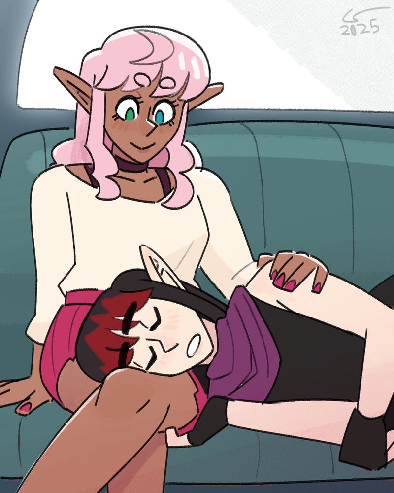 colored sketch of Vae napping in the backseat of a car with her head  resting in Shen's lap. Shen is looking down at Vae and smiling, resting her hand on her shoulder.