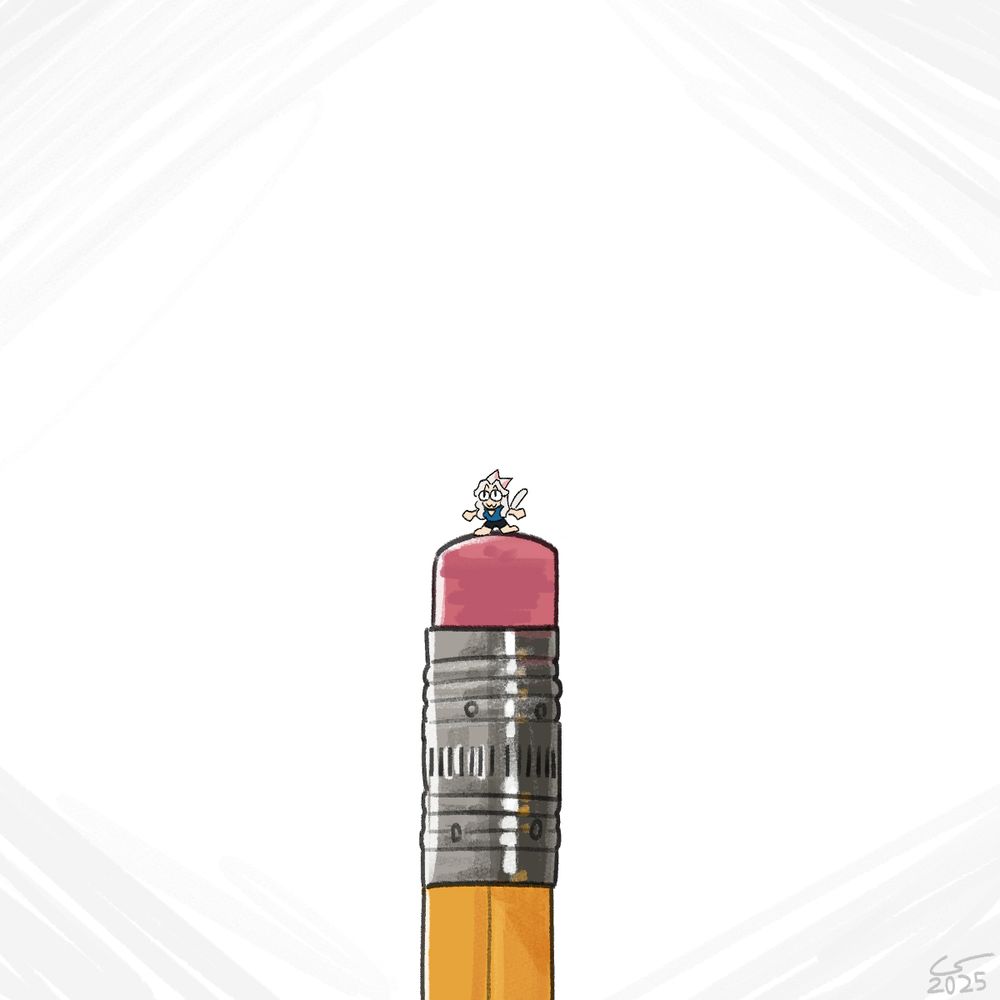 doodle of very very very small Myrrh standing menacingly on top of a pencil eraser. The eraser is considerably larger