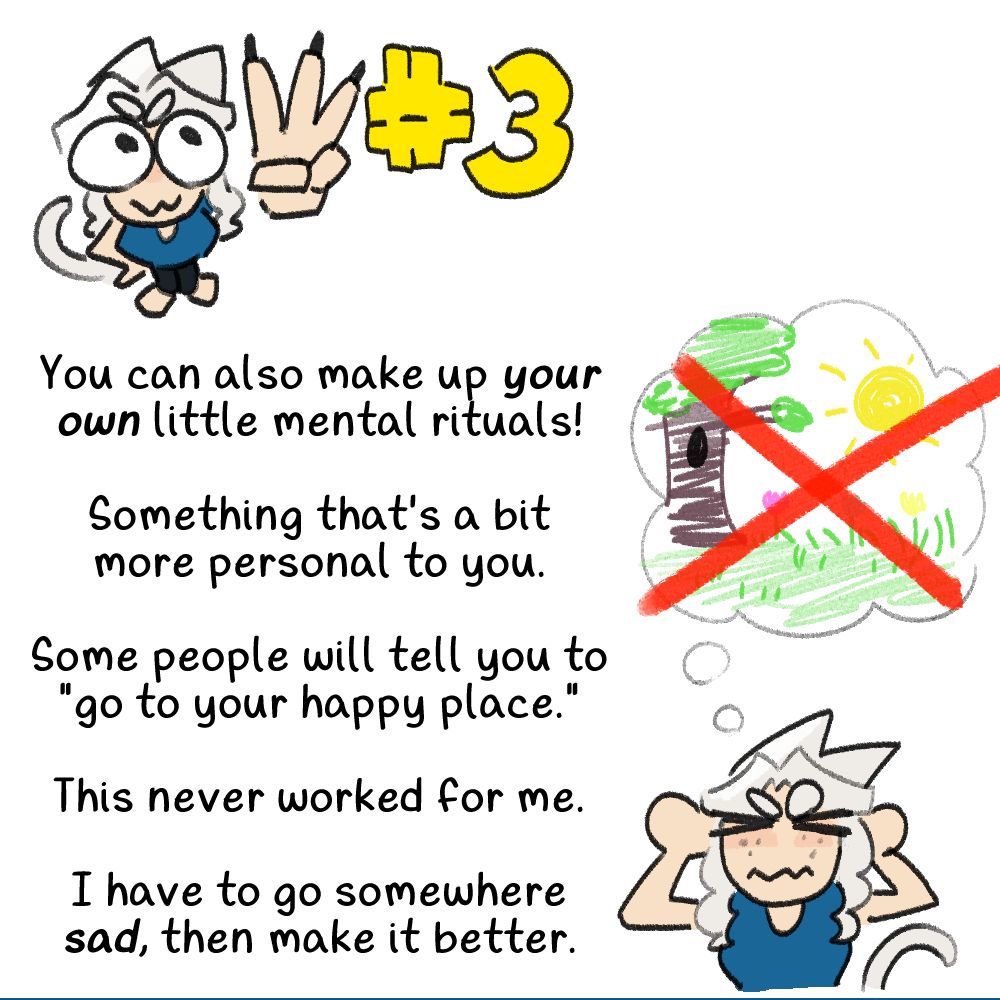 The next panel shows Myrrh frustratedly imagining a sunny meadow with a big red X over it. The narration reads: 'You can also make up your own little mental rituals! Something that's a little more personal to you. Some people will tell you to go to your happy place. This never worked for me. I have to go somewhere sad, then make it better.'