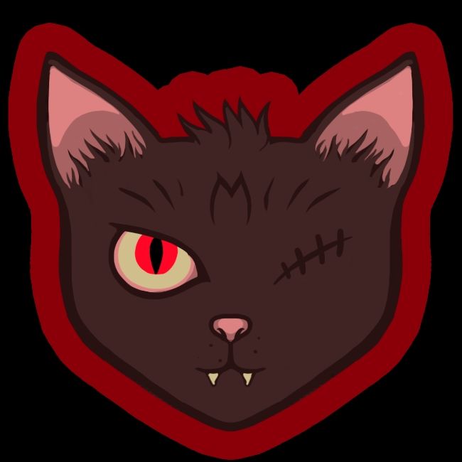 Hua Cheng's saber E-ming as a black cat with large fangs and only a red right eye, a bit skrunkly.
