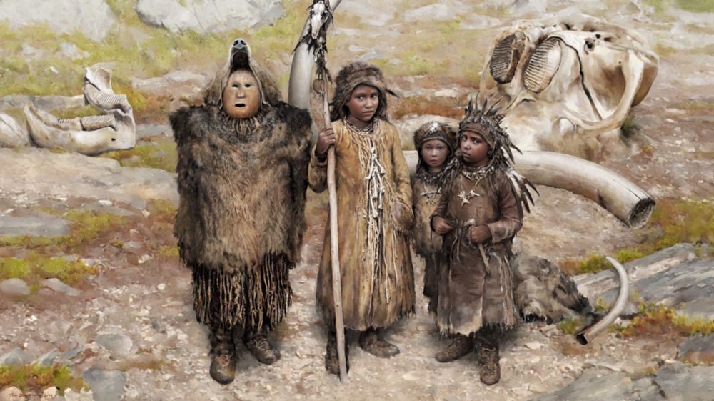 Four children of various ages playing pretending. Perhaps imitating a religious ritual. One of them is wearing a wooden mask and an old bearskin cloak. Behind them there are woolly mammoth skull parts and tusks on the ground.