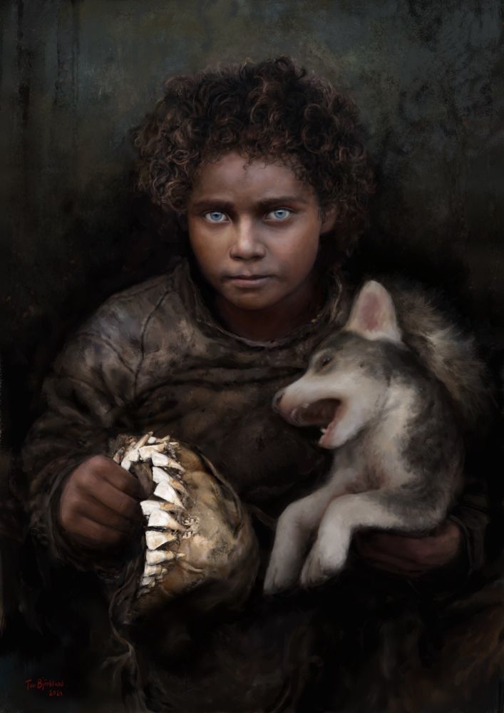 A curly haired and blue eyed Mesolithic boy holding a headwear decorated with animal teeth in one hand and a wild puppy under his other arm.