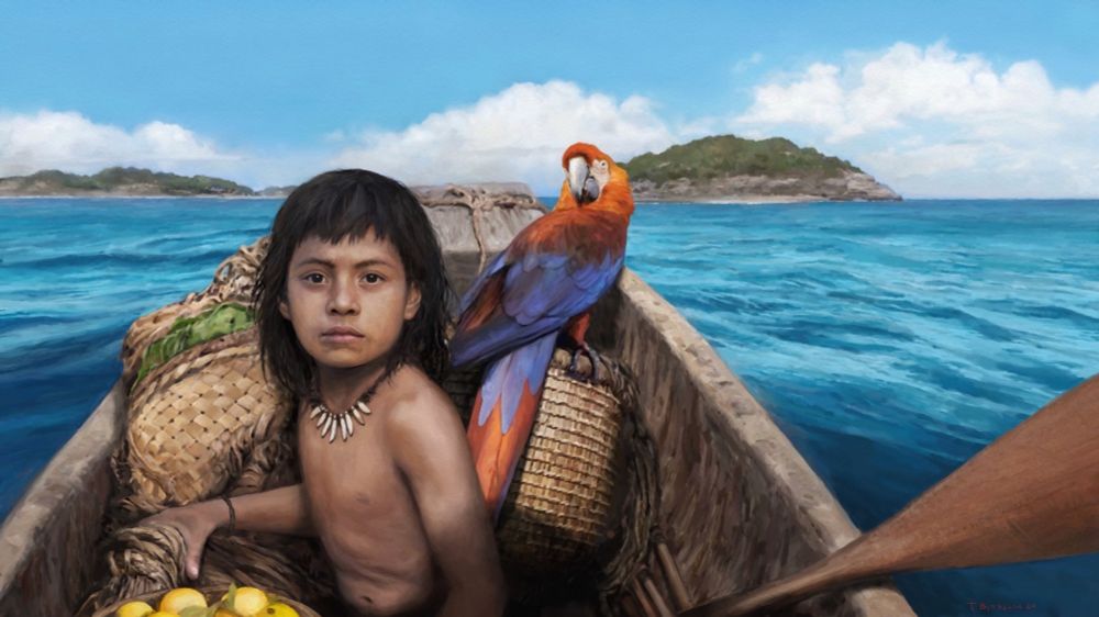 The image symbolises the early peopling of the Caribbean. A canoe is heading towards small islands. The viewer sits in the canoe and a young boy is sitting on the bow looking at the viewer. Behind the boy there is a pet Cuban macaw. A now extinct species. 
