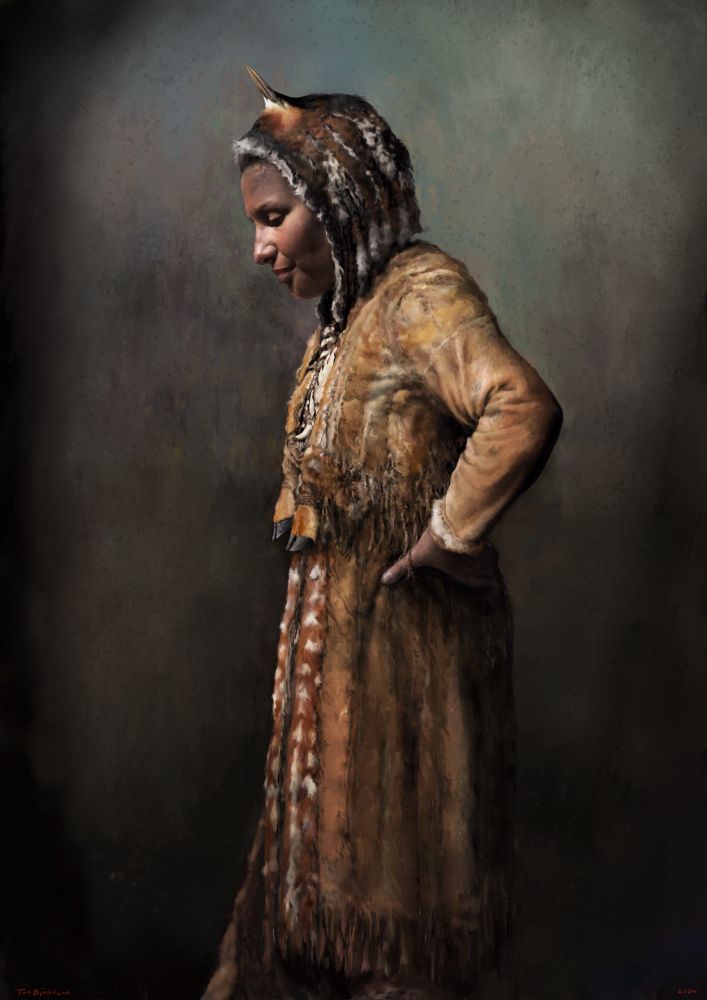 A Stone Age woman dressed in leather and fur clothing is standing sideways. Her headwear is decorated with the bill and feathers of a great crested grebe. She also wears a necklace made of teeth of several animal species. A pair of deer hooves is hanging below the necklace.
